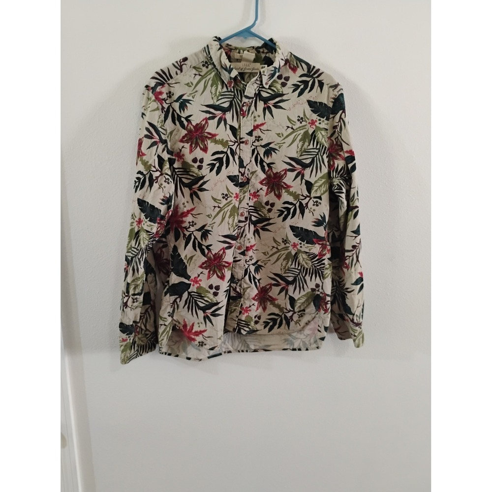 HM LOGG Mens Medium Corduroy Tropical Floral Button Down Shirt Long Sleeve Cream